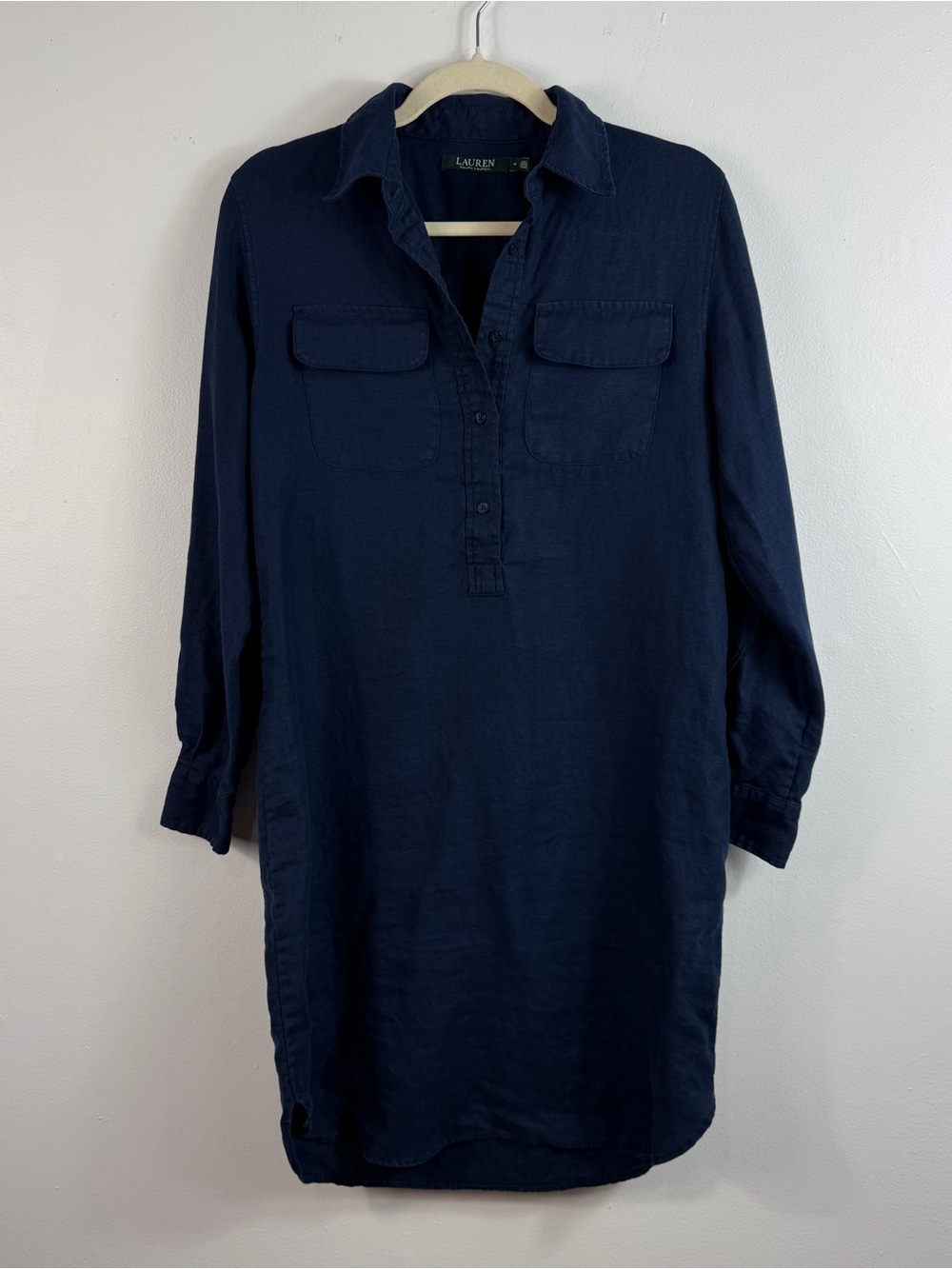 Lauren Ralph Lauren 100% Linen Shirt Dress Size 4 Navy Blue Roll Tab Sleeve